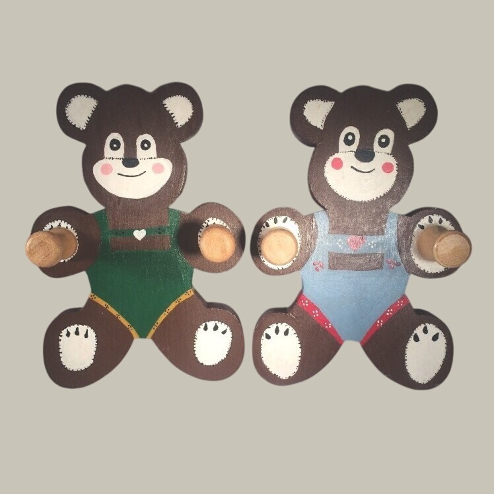 VTG 80s‎  Roy Woodell Handmade Wooden Bear Coat Hook Pair Kids Wall Decor Rustic